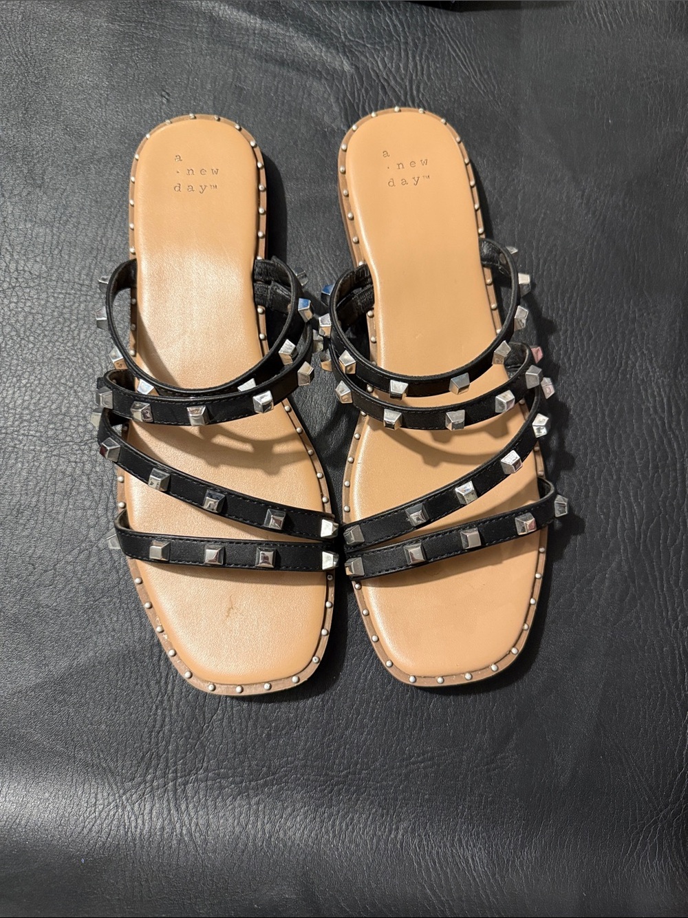 a new day Black Studded Strappy Slide Sandals